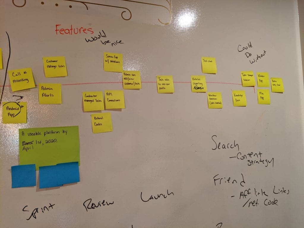 development planning and sticky notes on a whiteboard