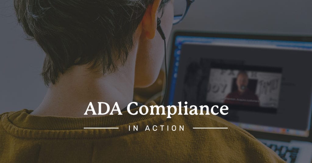 Image of person at laptop with headphones in, enjoying ADA compliance tool